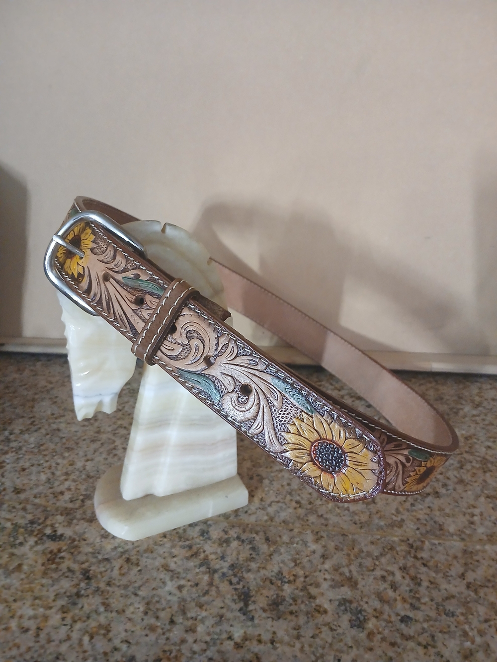 Hand-Tooled Sunflower Leather Belt - Brown